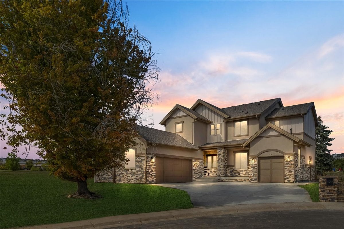 exterior two-story home at twilight
