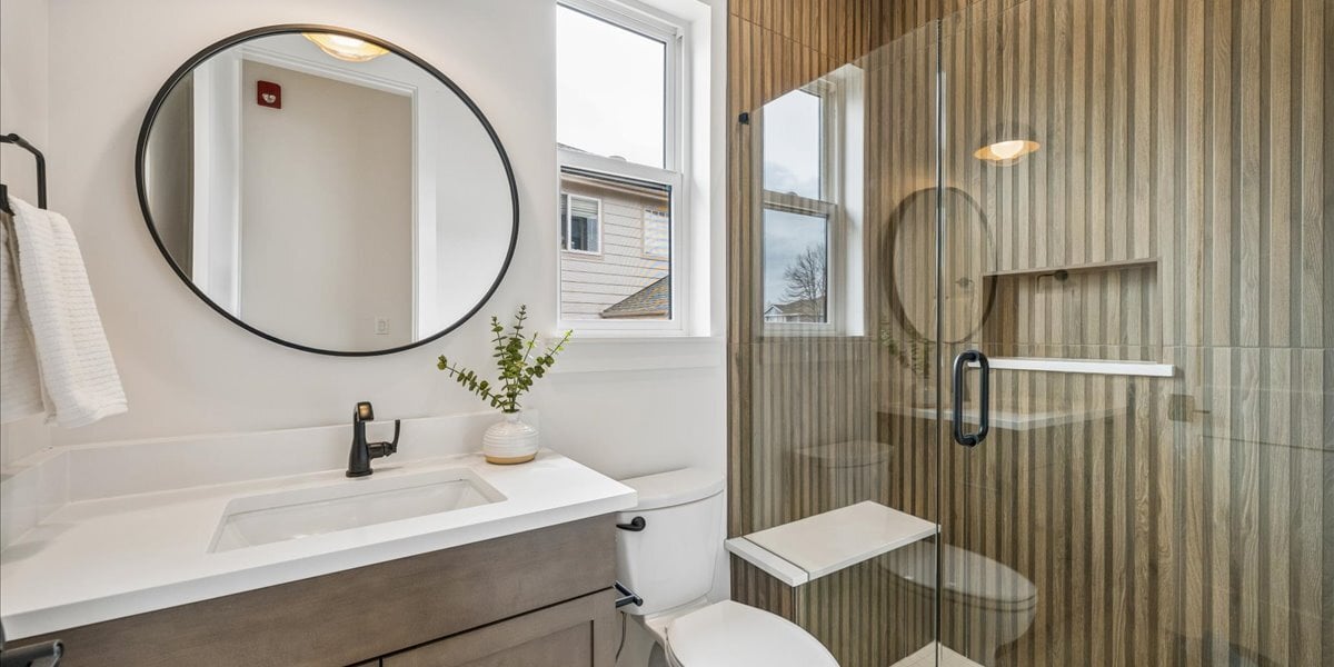 secondary bath with wood-look tile