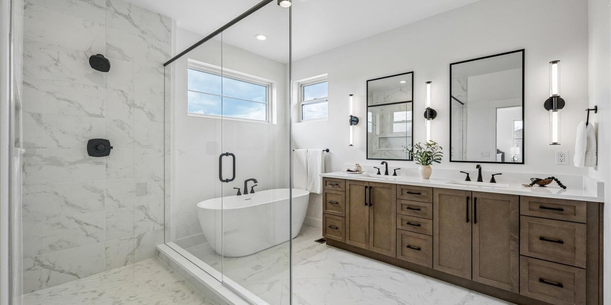 Primary bath shower, tub, and vanity