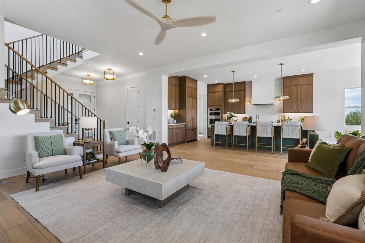 Sheffield Plan 3481-view of entry, kitchen, and stairs from great room