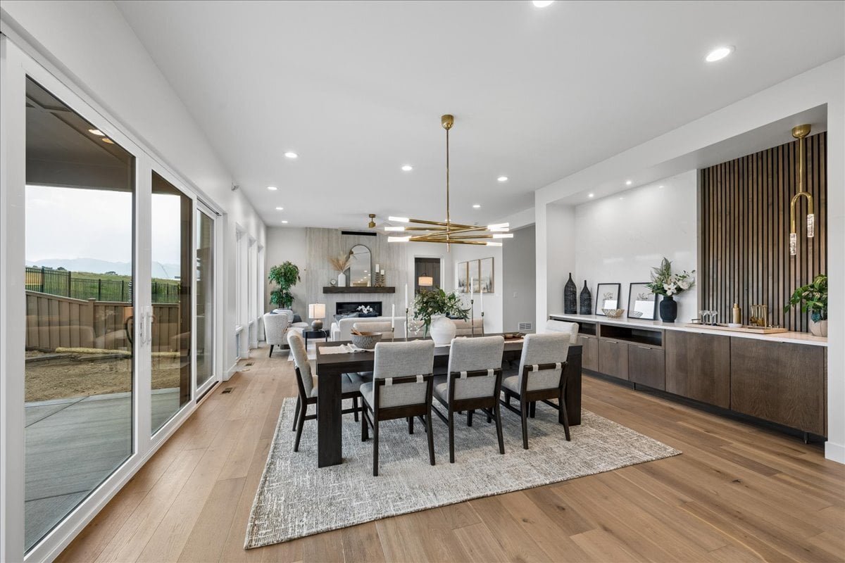 view of great room from dining area - built-in buffet