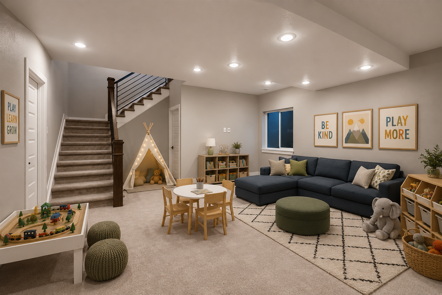 finished basement play space and family area