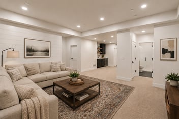 a cozy basement rec room with a wet bar