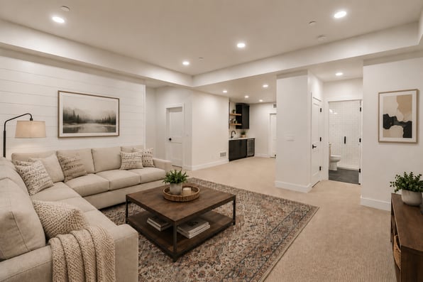 a cozy basement rec room with a wet bar