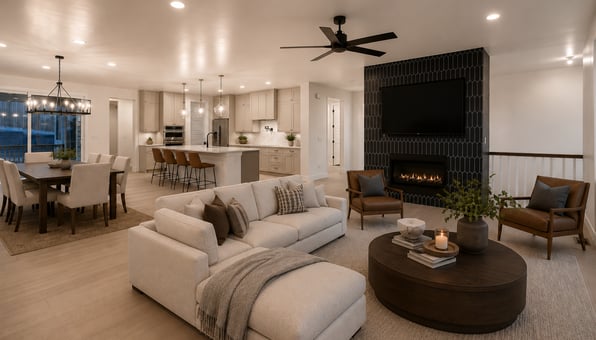 great room with fireplace, adjacent to kitchen