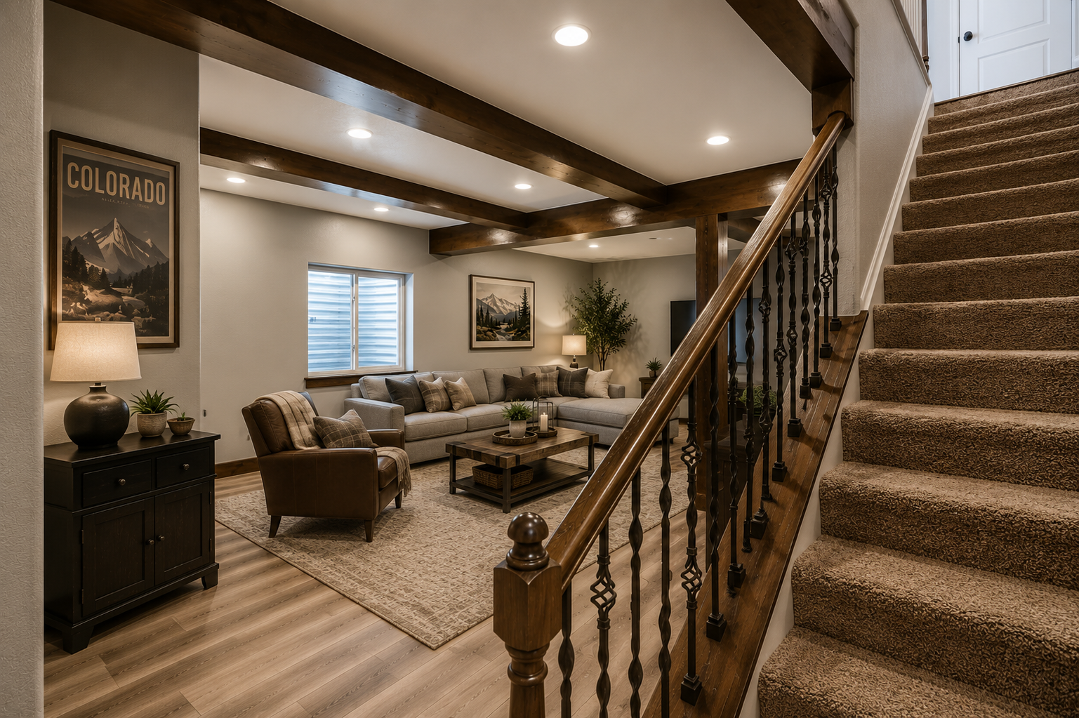 Staged basement with beams 2