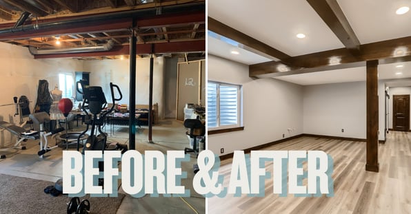 side-by-side pictures of a before and after basement finish