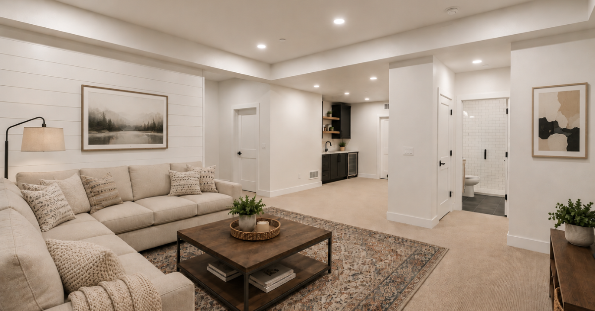 a finished basement rec room with wet bar and bathroom-built by Sheffield Homes