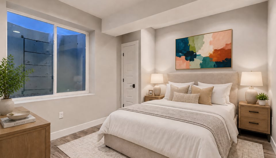 photo of a furnished basement bedroom with egress window access