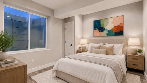 a finished basement bedroom with egress window access, furnished with a bed and bedside tables and lamps